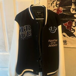 True Religion Black and White Letterman Jacket with Blue Trim